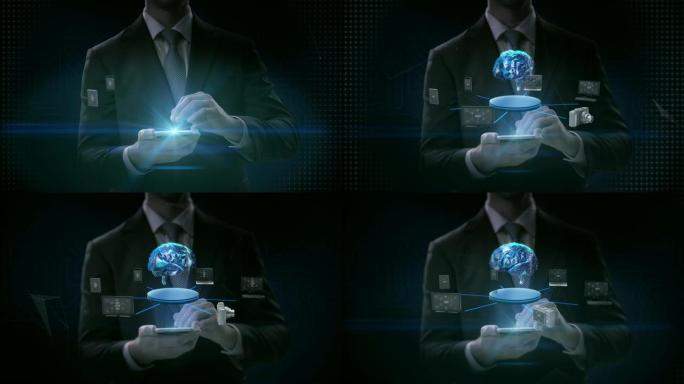 商人滑动触摸智能手机，移动，连接数字大脑的各种移动设备，人工智能技术。4k电影。