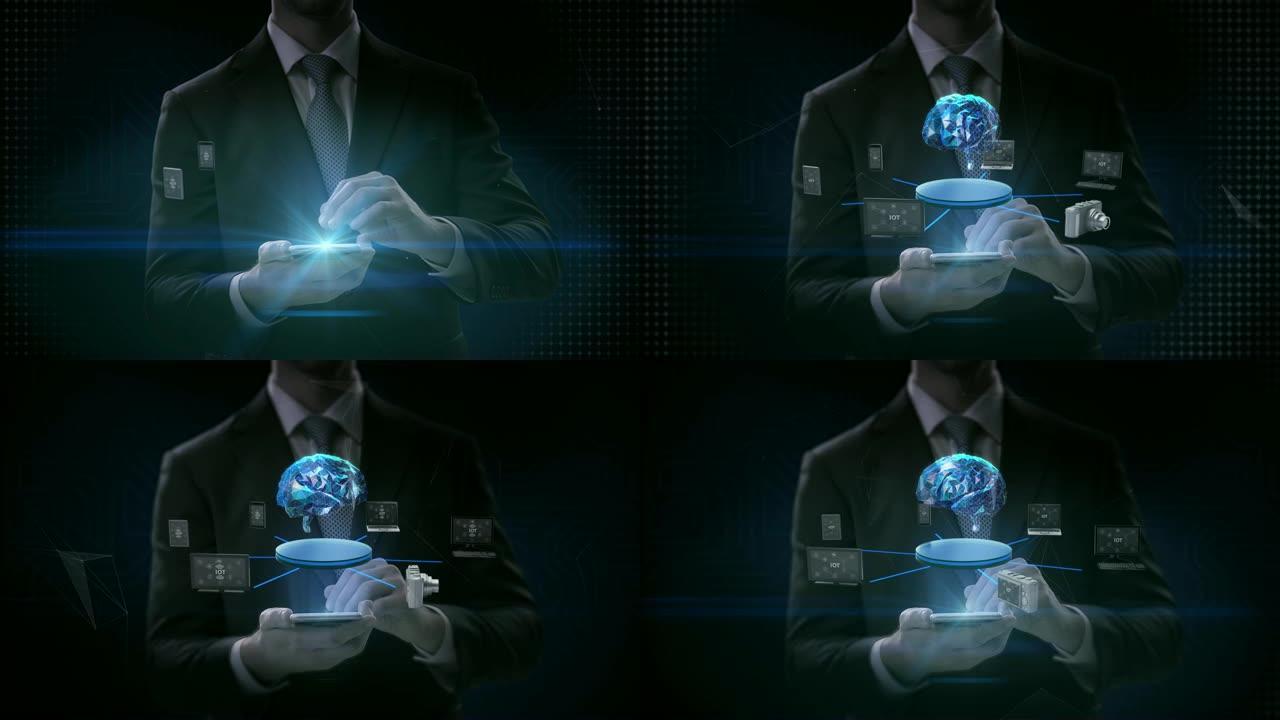商人滑动触摸智能手机，移动，连接数字大脑的各种移动设备，人工智能技术。4k电影。