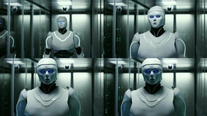 服务器机房中的未来派白色安卓机器人