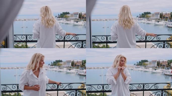 穿着白衬衫的WS女人在海边的阳台上放松