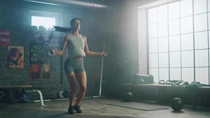 强壮的运动女性在阁楼风格的工业健身房用跳绳锻炼。她专注于激烈的交叉健身训练项目。设施墙上有励志海报。