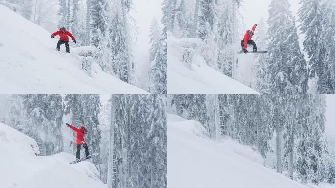 滑雪板跳跃，被积雪覆盖的树木包围