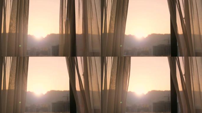 早上的窗帘窗户逆光光芒微风吹拂纱窗漂浮