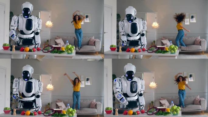 当机器人做饭时，开朗的女孩跳上沙发。