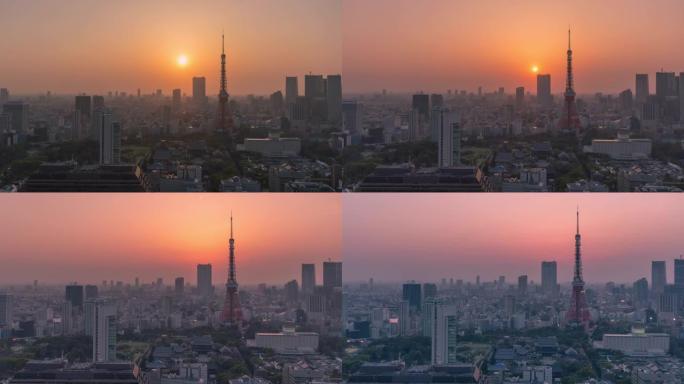 东京铁塔，延时日转夜夕阳延时摄影