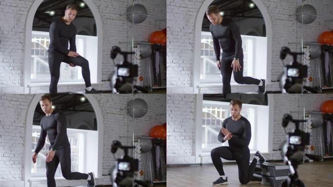 男性健身房教练解释了在相机上进行运动的正确方法