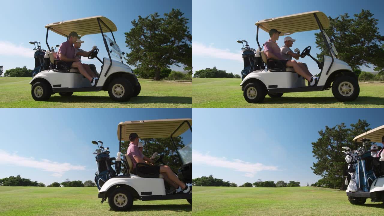 高加索男性高尔夫球手进入高尔夫球车