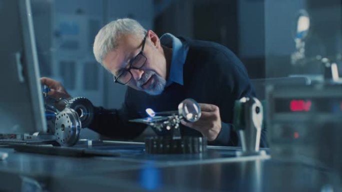 聚焦的中年工程师在眼镜中使用高精度激光设备的肖像，使用透镜和测试光学器件以获得所需的精度电子设备