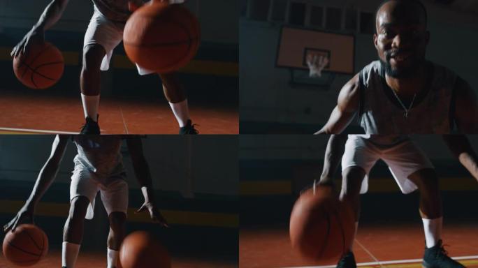 一名年轻的非洲职业男球员的电影慢动作特写镜头正在健身房用两个球练习篮球锻炼