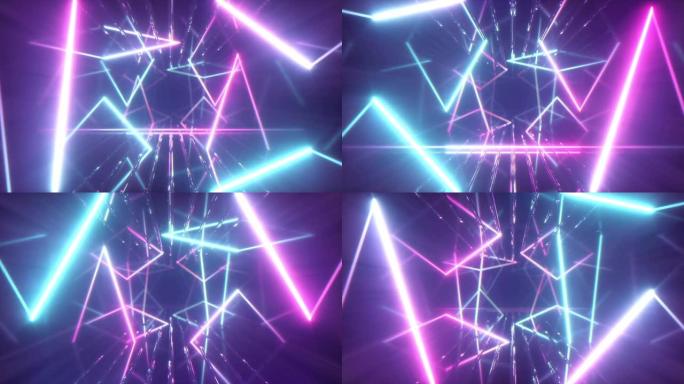 飞过发光的霓虹灯线创造隧道，蓝色红色粉色紫色光谱，荧光紫外线，现代七彩照明，4k无缝循环cg动画