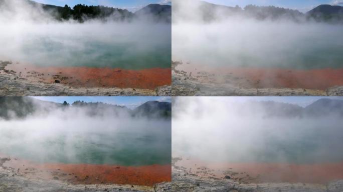 从地热湖上升的浓厚水蒸气