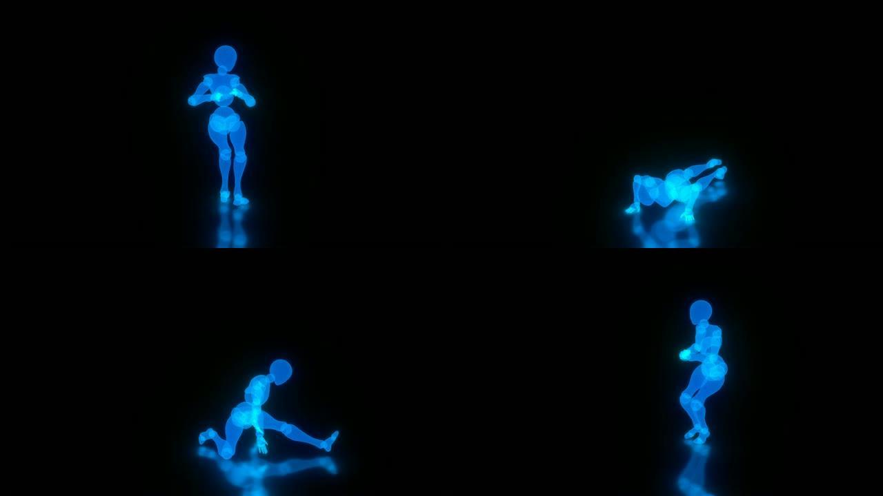 跳舞的蓝色发光3d角色人工智能来自黑色孤立背景上反射地板上的多边形无缝循环动画