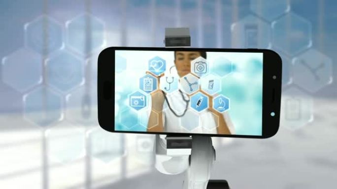 数字生成的白色机械臂拿着手机的视频，在屏幕上显示医疗图标