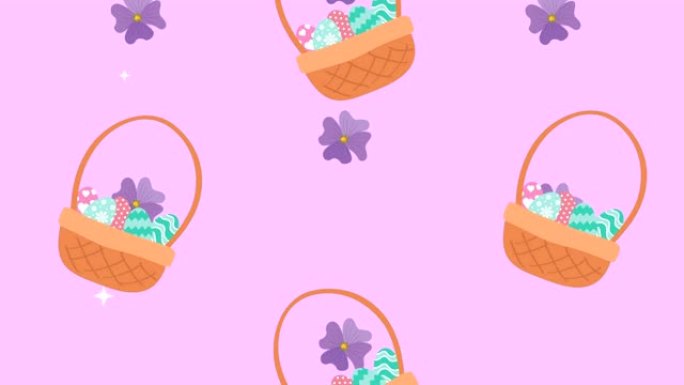 复活节快乐动画卡片，鸡蛋绘在篮子和鲜花中