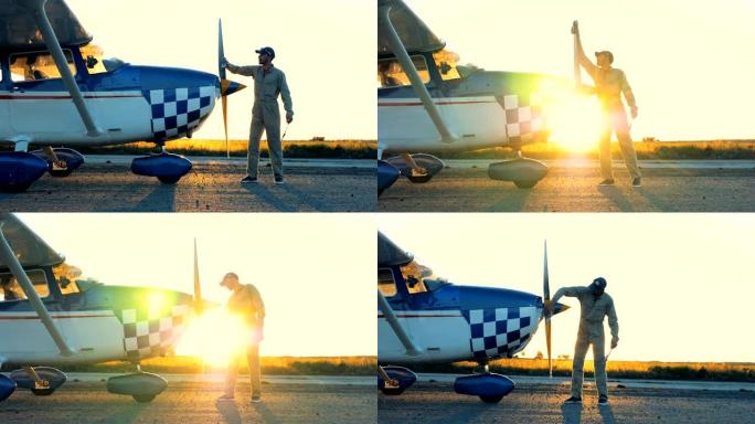 男人清洗飞机的螺旋桨。4K。
