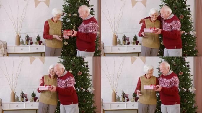 老年妇女在圣诞节向丈夫赠送礼物