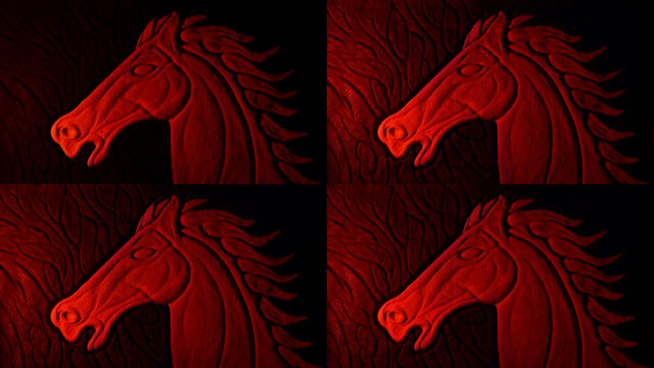 火光石雕中的红马雕像马匹马头雕塑