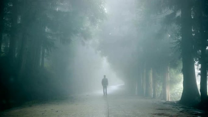 男子独自走在雾蒙蒙的路上