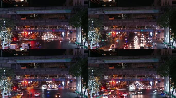 延时和锁定: 曼谷夜间的交通路灯。