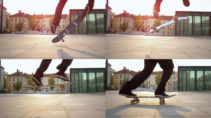 慢动作: 无法辨认的溜冰者花花公子在日落时在城市广场上做假货