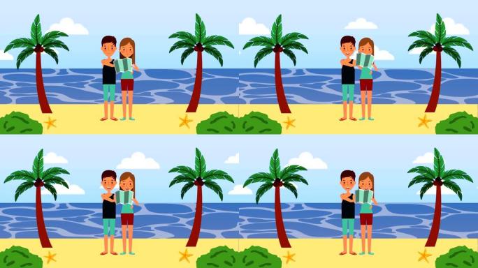 暑假和情侣在海滩上度假