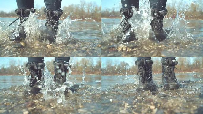 特写开朗的女孩在浅湖里跺脚泼水