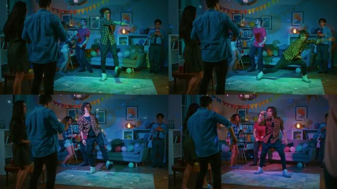 在大学之家聚会上: 一群不同的朋友玩得开心，跳舞和社交。一个人做机器人舞蹈动作，女孩们欢呼。男孩和女