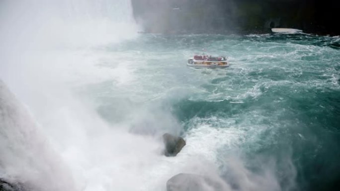 美丽的大角度瀑布喷雾在史诗般的尼亚加拉瀑布慢动作的旅游游览船上冲下来。