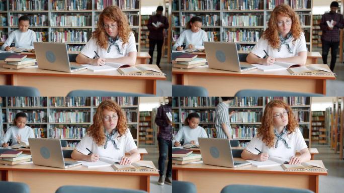 聪明的女孩在图书馆做作业，而其他大学生则在学习