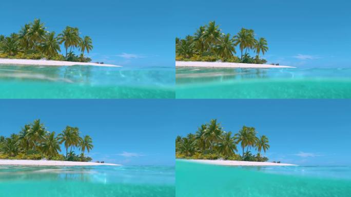 慢动作: 宁静的海水和未触及的热带岛屿的模糊镜头。