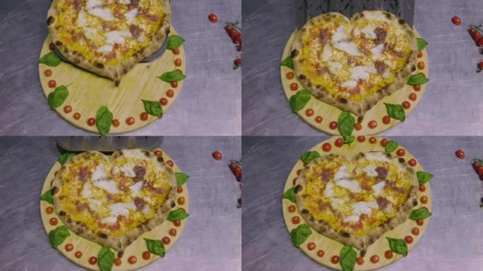 披萨厨师的手在披萨上塞满了高品质的意大利美食食材，例如: 火腿，各种奶酪，西红柿以及新鲜和生物蔬菜