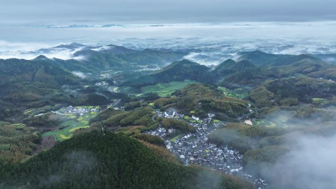 安徽黄山灵山油菜花梯田航拍