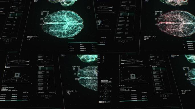带有大脑分析的用户界面HUD动画，用于处理谷物的网络未来概念的黑暗背景。