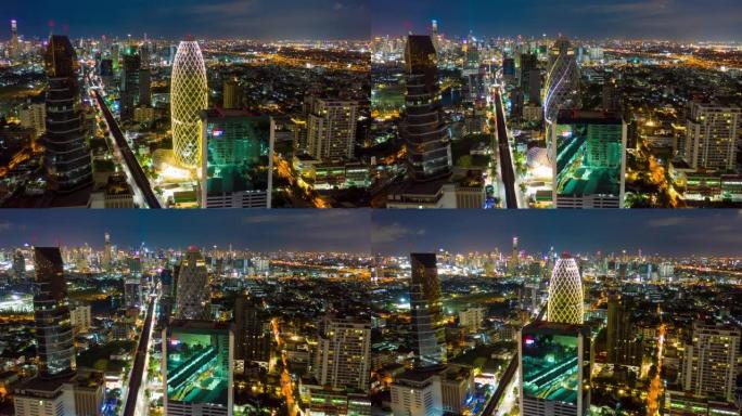 空中拍摄/超拍摄/延时拍摄/无人机拍摄曼谷市，阿里与珍珠曼谷大楼在夜间拍摄