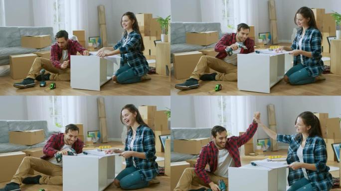 幸福的夫妇将家具组装成一个团队，女孩阅读说明，男孩用钻头拧紧螺丝。搬进新公寓，夫妇组装架子。