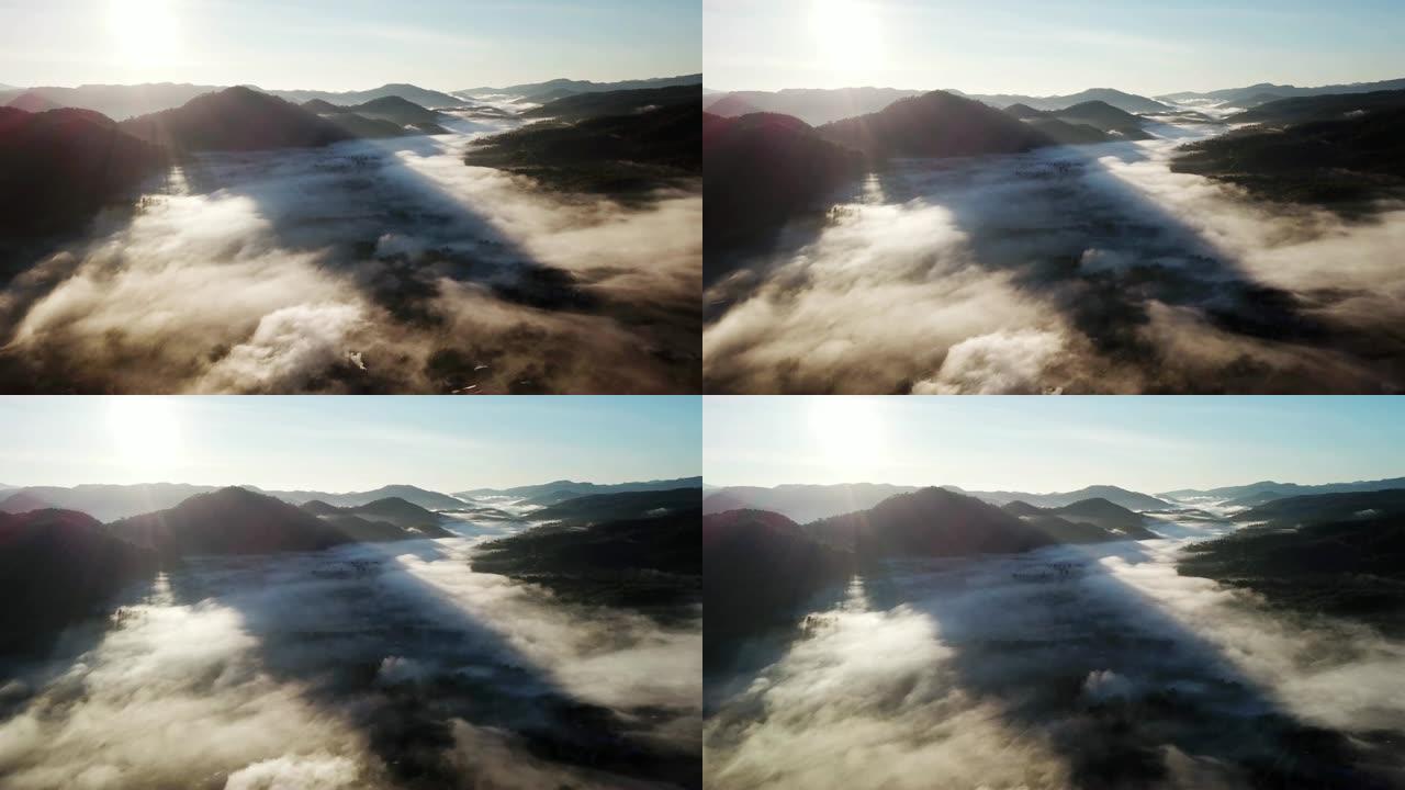 日出时森林上的山和雾的鸟瞰图