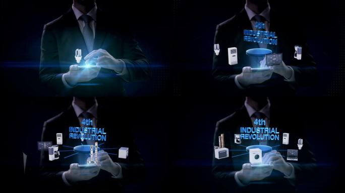 商人触摸智能手机，'第四次工业革命' 连接显示器，微波炉，灯泡，洗衣机，空调，音频，咖啡壶，智能家电