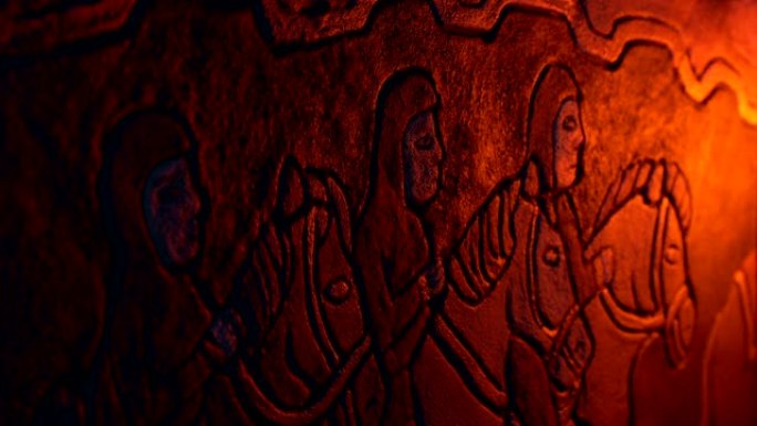 火光照耀下的中世纪墙壁艺术，男人骑马