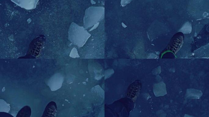 独自在山里。带着冰爪走路。冰山