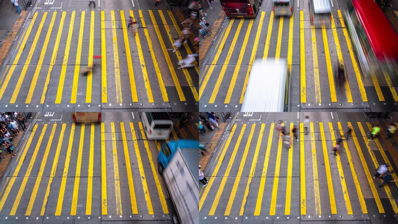 4k时间流逝香港旺角区黄色斑马线上无法识别的行人步行和巴士