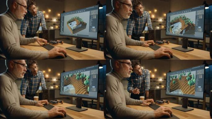 晚上，创意中年视频游戏开发人员在具有屏幕3D视频游戏级别设计的台式计算机上工作，并与使用平板电脑的年
