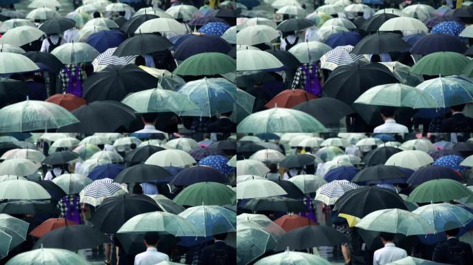 日本商人上午上班打伞下雨天