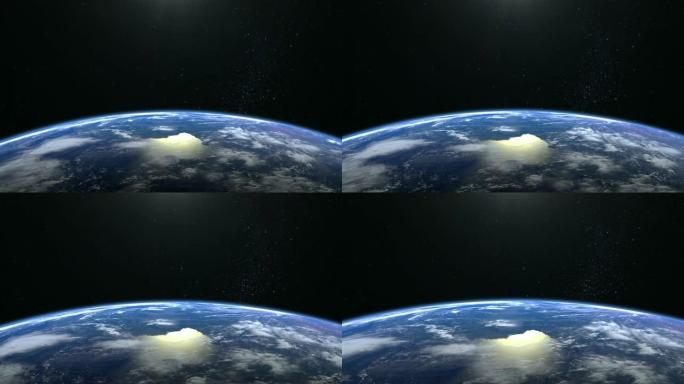 来自太空的地球。摄像机正在接近地球。框架里没有太阳。星星闪烁。4K.日出。现实的氛围。3D体积云。
