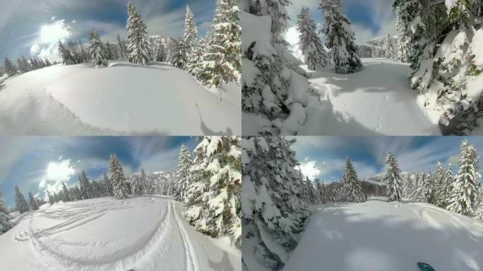 POV: 滑雪道上的滑雪板沿着阳光明媚的山脉高处未触及的粉末雪。