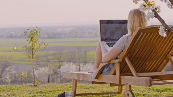 WS年轻女子在阳光明媚，田园诗般的乡村山坡上的躺椅上使用笔记本电脑