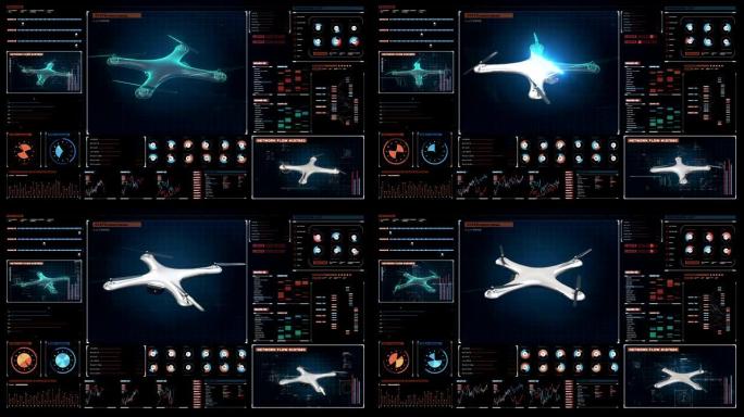 具有未来派用户界面，数字未来派显示界面的旋转无人机。虚拟图形。4k电影。1.