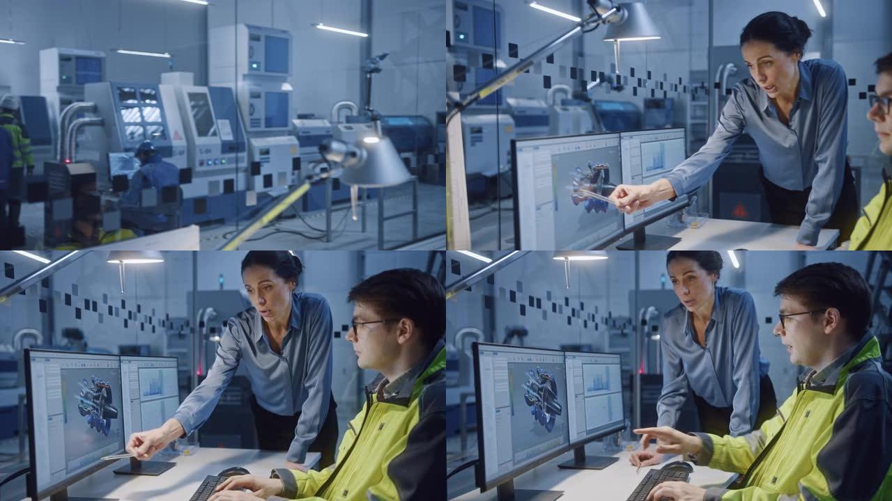 工厂: 从事数控机械和机器人手臂生产线的专业人员。办公室: 女项目经理与一名男工程师交谈，从事计算机