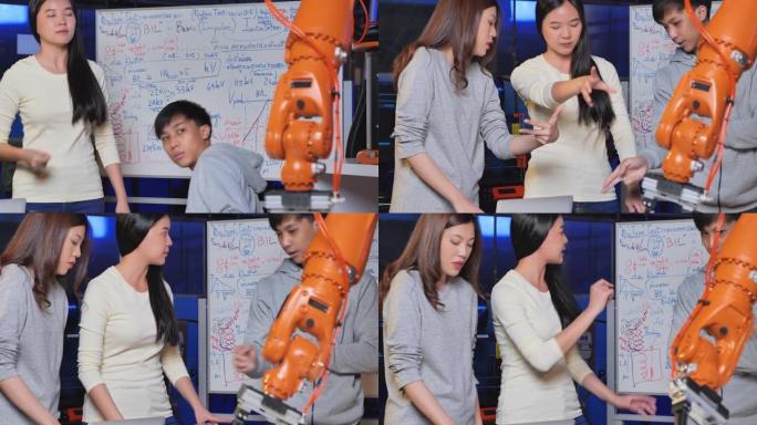 亚洲女性团队负责人介绍项目策略展示手臂移动手指在研究实验室为工程师开发。教育，技术，团队合作，成功，