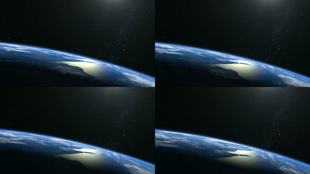 地球。从太空看。星星闪烁。飞越地球。地平线向右转动。4K。地球缓慢旋转。现实的氛围。3D体积云。
