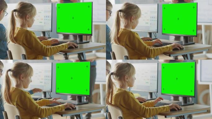 小学计算机科学教室: 可爱的小女孩在学习编码和编程的同时使用绿色模拟屏幕计算机。学童接受现代教育。超